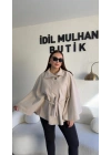 Krem Oversize Kaşe Kuşaklı Panço
