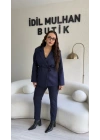 Lacivert Bağlama Detaylı Kruvaze Blazer Takım