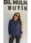 Lacivert Degaje Yaka Gold Düğmeli Bluz