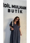 Lacivert Dikey Şeritli Pamuk Elbise