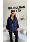 Lacivert Fermuarlı Bel Büzgülü Ceket
