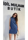 Lacivert Kolsuz Düğmeli Kot Elbise