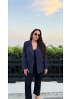 Lacivert Omuzları Vatkalı Blazer Ceket
