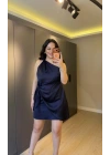 Lacivert Tek Omuz Kuşak Detaylı Elbise