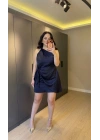 Lacivert Tek Omuz Kuşak Detaylı Elbise