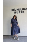 Lacivert Tensel Dokulu Kemerli Elbise