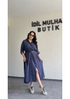 Lacivert Tensel Dokulu Kemerli Elbise