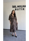 Leopar Desenli Saten Midi Elbise