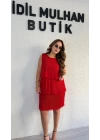 Nar Çiçeği Piliseli Şifon Elbise
