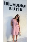 Pudra Pembe Keten Cep Detaylı Oversize Elbise