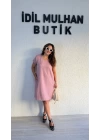 Pudra Pembe Keten Cep Detaylı Oversize Elbise
