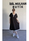 Siyah Beyaz Biyeli V Yaka Midi Elbise