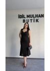 Siyah Kalp Yaka Klasik Midi Elbise