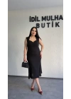 Siyah Kalp Yaka Klasik Midi Elbise