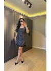 Siyah Kare Yaka Balon Kol Puantiyeli Elbise