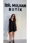 Siyah Keten Şortlu Takım