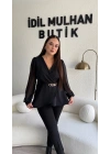 Siyah Kruvaze Yaka Şifon Kollu Bluz
