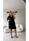 Siyah Kruvaze Yaka Sim Dokulu Kuşaklı Elbise