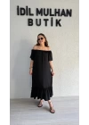 Siyah Madonna Yaka Etek Ucu Fırfırlı Elbise