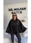 Siyah Oversize Kaşe Kuşaklı Panço