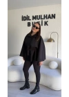 Siyah Oversize Kaşe Kuşaklı Panço
