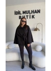 Siyah Oversize Kaşe Kuşaklı Panço