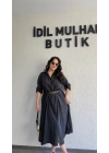 Siyah Tensel Dokulu Kemerli Elbise