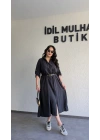 Siyah Tensel Dokulu Kemerli Elbise