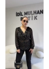 Siyah Volanlı Gold Varaklı Bluz