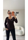 V Gold Detaylı Acı Kahve Bluz