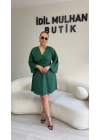 Yeşil Krep Kumaş Düğüm Detaylı Elbise
