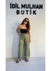 Zeytin Yeşili Beli Lastikli Saten Pantolon