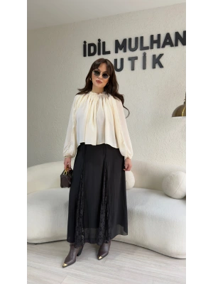 Siyah Güpür Detaylı Astarlı Etek