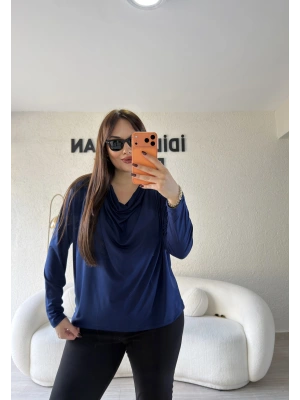 Lacivert Sandy Kumaş Degaje Yaka Bluz