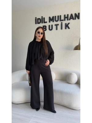 Siyah Cırtcırtlı Palazzo Pantolon