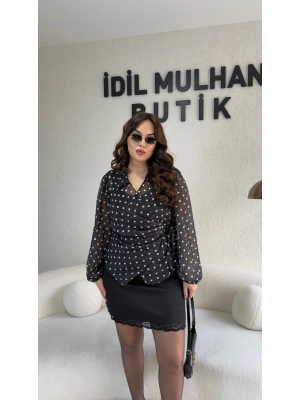 Kruvaze Yan Bağcıklı Puantiyeli Bluz