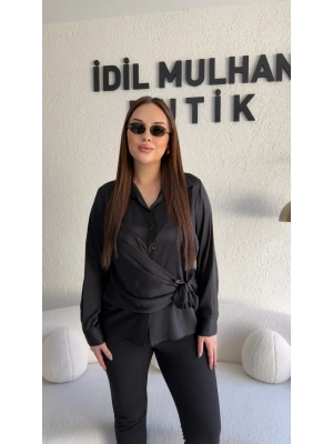 Siyah Saten Yandan Bağlamalı Gömlek