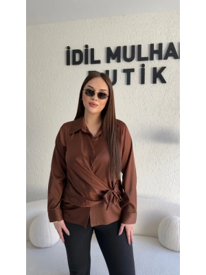 Kahverengi Saten Yandan Bağlamalı Gömlek