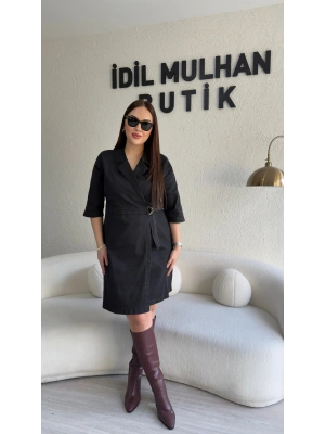 Siyah Kruvaze Kemer Detaylı Jean Elbise