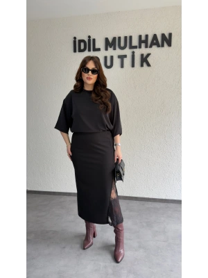 Siyah Likralı Dantelli Krep Etek