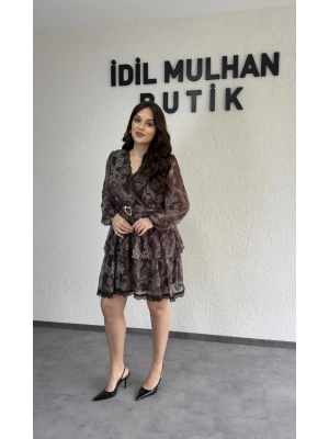 Kahverengi Desenli Kruvaze İki Katlı Yoryo Elbise