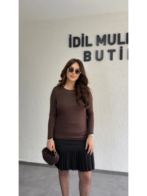 Kahverengi Likralı Transparan Bluz