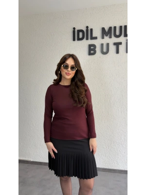 Bordo Likralı Transparan Bluz