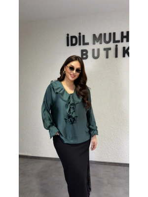 Zümrüt Yeşili Volanlı Premium Bluz