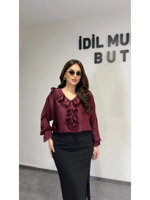 Bordo Volanlı Premium Bluz