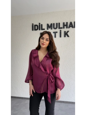 Mürdüm Kruvaze Yaka Volanlı Bağlamalı Bluz