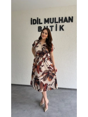 Kahverengi Desenli Bağlamalı Saten Elbise