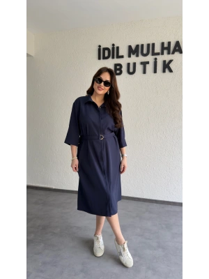Lacivert Kuşaklı Premium Gömlek Elbise