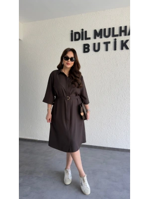 Acı Kahve Kuşaklı Premium Gömlek Elbise