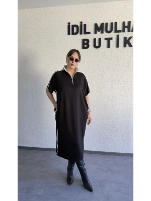 Fermuarlı Yaka Siyah Rahat Kesim Elbise